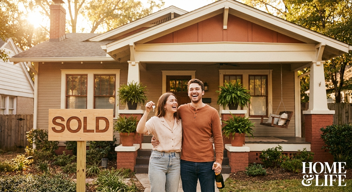 Happy couple standing in front of their new home with a SOLD sign, holding house keys in golden afternoon light