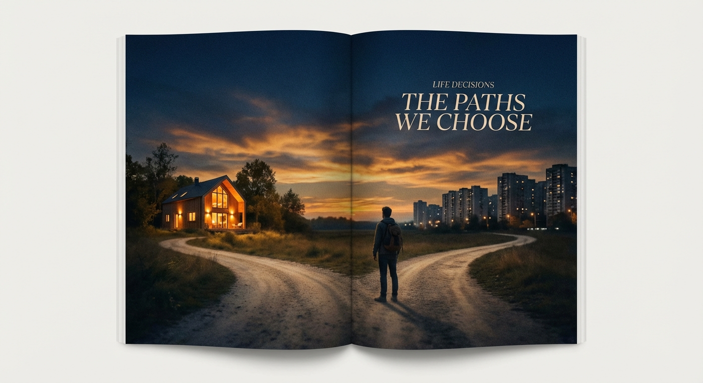 Conceptual crossroads image showing two paths - one leading to a home with warm lights, representing the rent vs buy decision