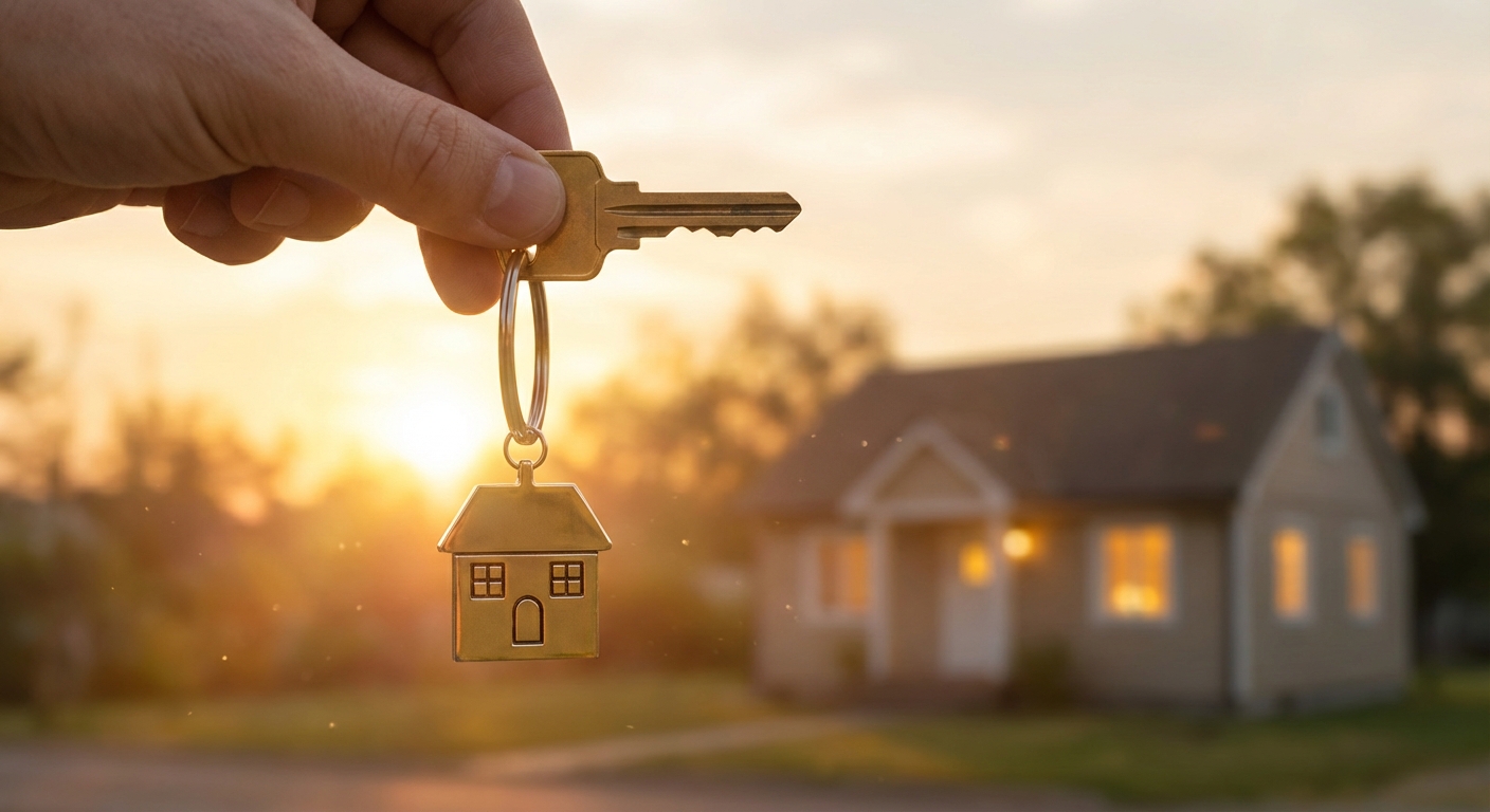 Hand holding house key with home-shaped keychain, with a cozy home in golden sunset background - symbolizing fresh start after bankruptcy