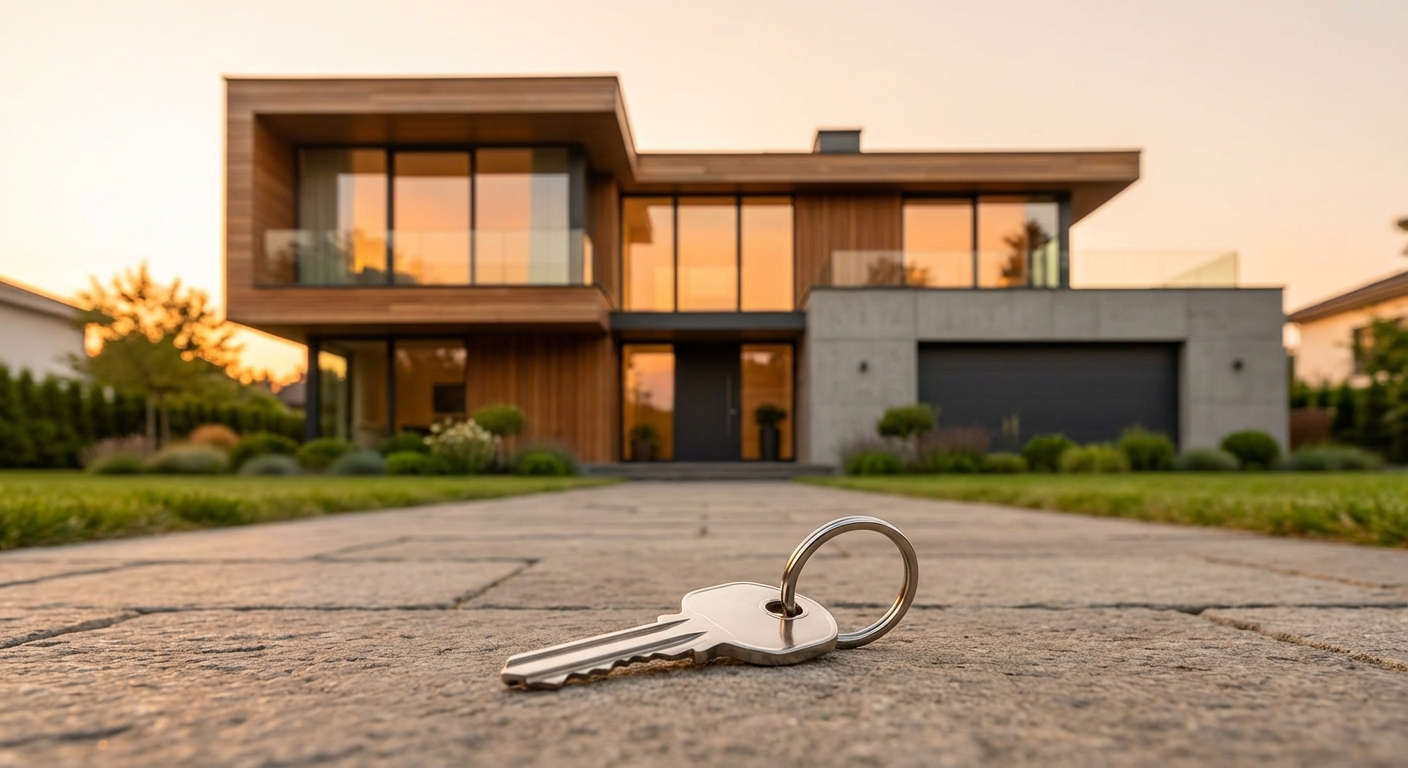 Modern home at golden hour with a house key in the foreground, symbolizing the home buying decision