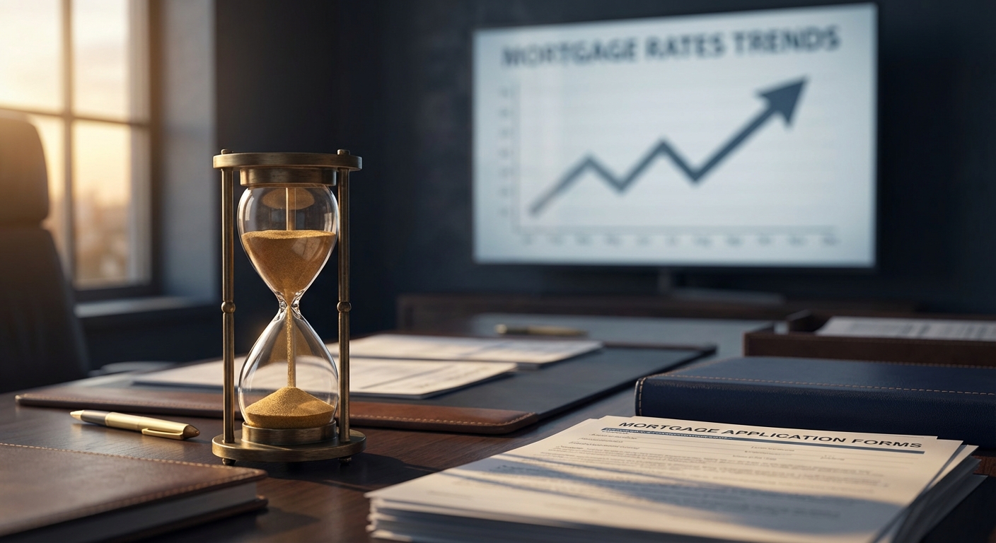 Hourglass with golden sand on desk with mortgage rate trends chart showing time running out while waiting for lower rates